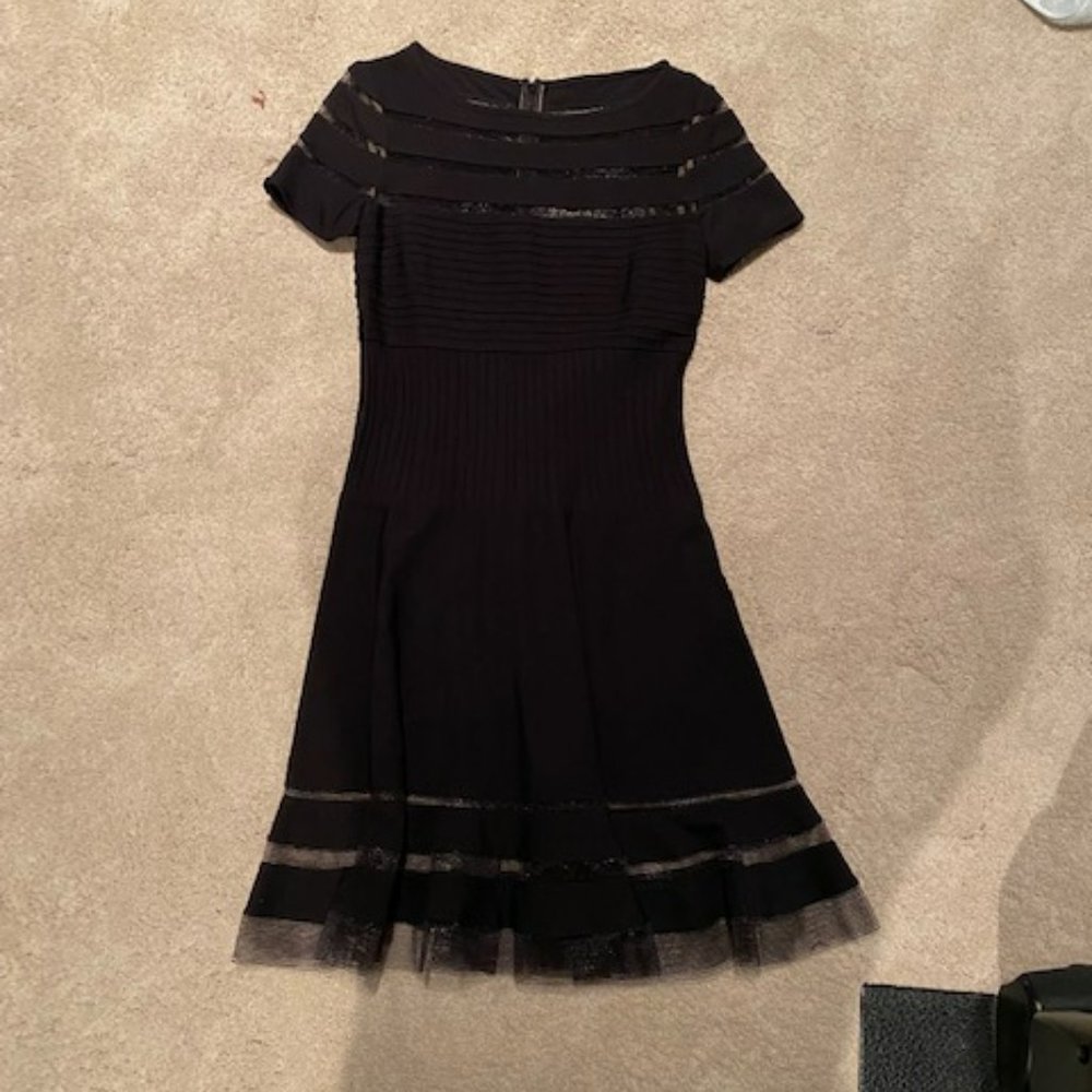 Tadashi Shoji cocktail dress black with sheer panels and netted bottom - SWEET